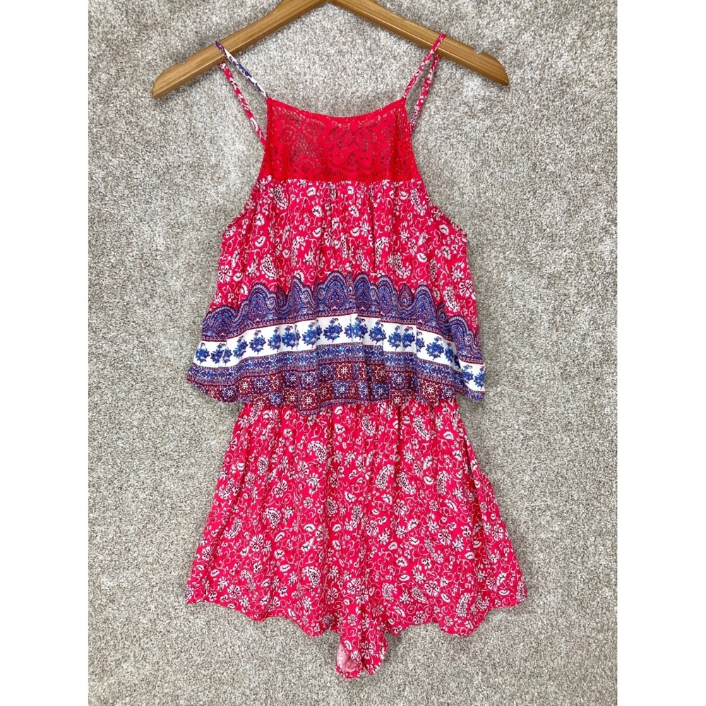 Alyx Boho Lace Trim Paisley Print Romper Womens XS Red Tiered Sleeveless Shorts